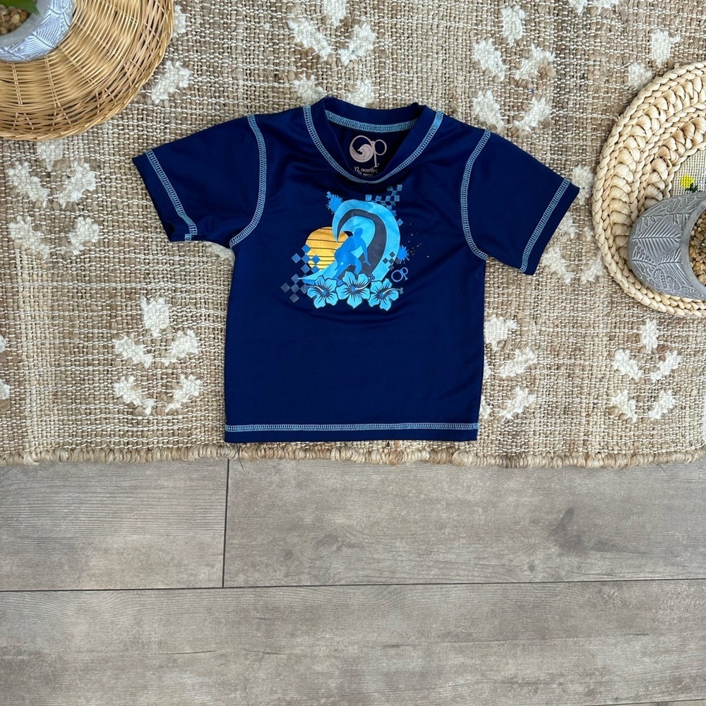 OP Baby Toddler Boy Navy Blue Surfing Graphic Swim Rash Guard Short Sleeve Shirt - Picture 6 of 10